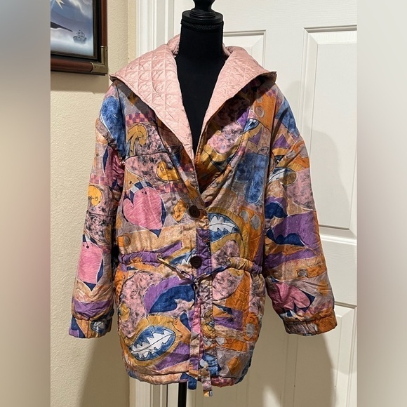 VINTAGE ART TO WEAR SILK HOODED WOMENS MAUVE, BLUE JACKET, SIZE L - Picture 4 of 12